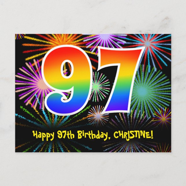97th Birthday – Fun Fireworks Pattern + Rainbow 97 Postcard (Front)