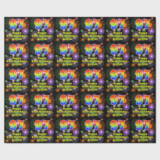 97th Birthday: Fun Fireworks, Rainbow Look # “97” Wrapping Paper (Seam)
