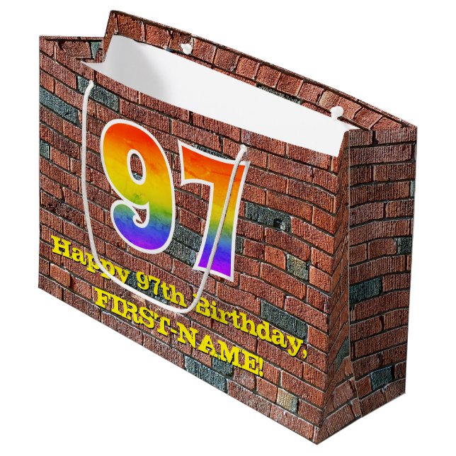 97th Birthday: Fun, Graffiti-Inspired Rainbow # 97 Large Gift Bag (Front Angled)
