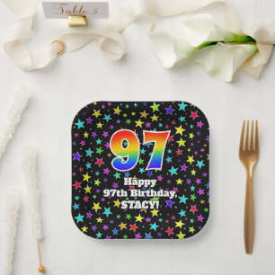 97th Birthday: Fun Stars Pattern and Rainbow “97” Paper Plate
