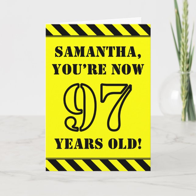 97th Birthday: Fun Stencil Style Text, Custom Name Card (Front)