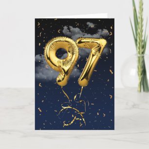 97th Birthday Gold Mylar Balloon and Confetti Card