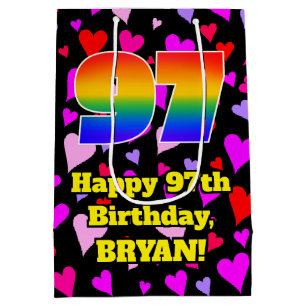 97th Birthday: Loving Hearts Pattern, Rainbow # 97 Medium Gift Bag