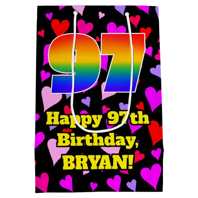 97th Birthday: Loving Hearts Pattern, Rainbow # 97 Medium Gift Bag (Back)