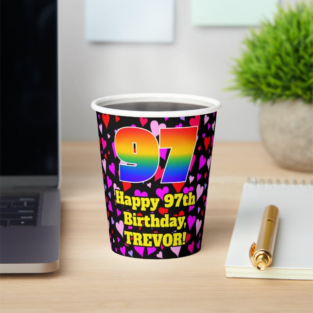 97th Birthday: Loving Hearts Pattern, Rainbow 97 Paper Cups (Insitu)