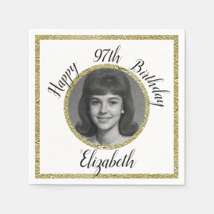 97th Birthday Napkins Custom Photo White and Gold