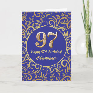 97th Birthday Navy Blue and Gold Floral Pattern Card