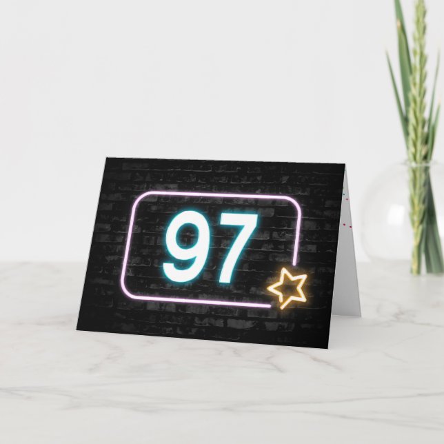 97th Birthday Neon Sign On Brick Wall   Card (Front)