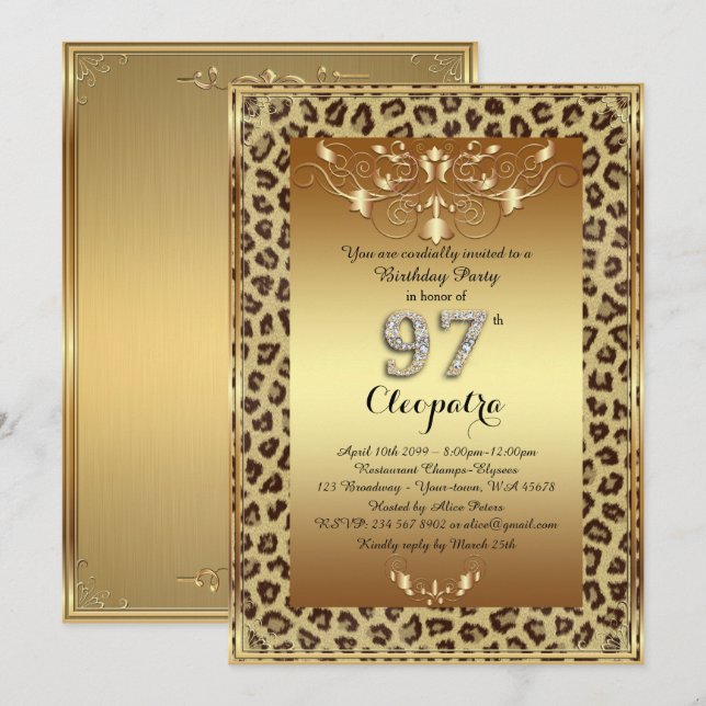 97th, Birthday Party 97th, Royal Cheetah gold plus Invitation (Front/Back)