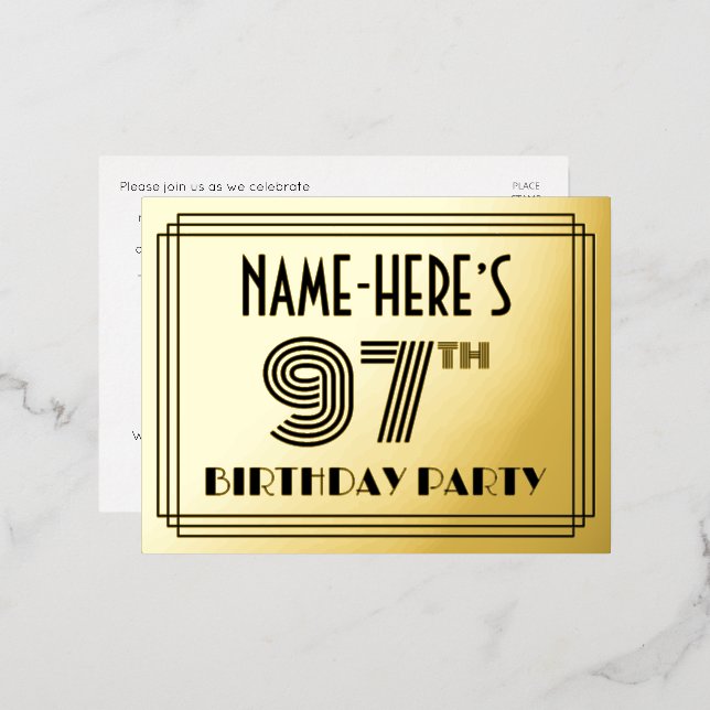 97th Birthday Party ~ Art Deco Style “97” + Name Foil Invitation Postcard (Front/Back)