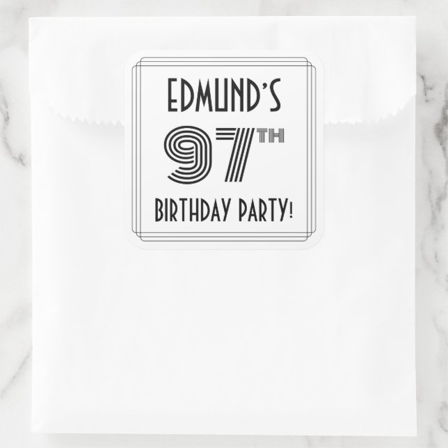 97th Birthday Party: Art Deco Style + Custom Name Square Sticker (Bag)