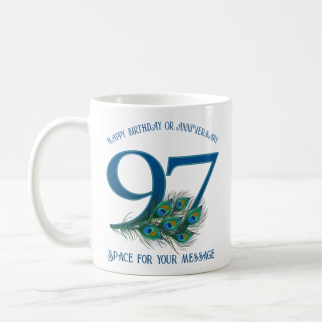 97th Birthday Peacock Feather Customizable Coffee Mug (Left)