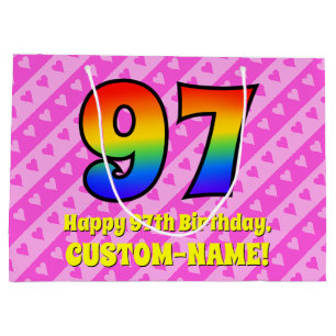 97th Birthday: Pink Stripes & Hearts, Rainbow # 97 Large Gift Bag