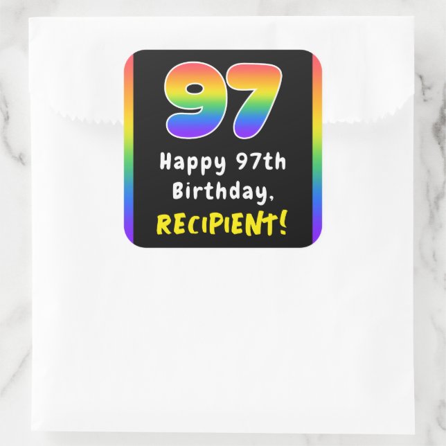 97th Birthday: Rainbow Spectrum # 97, Custom Name Square Sticker (Bag)