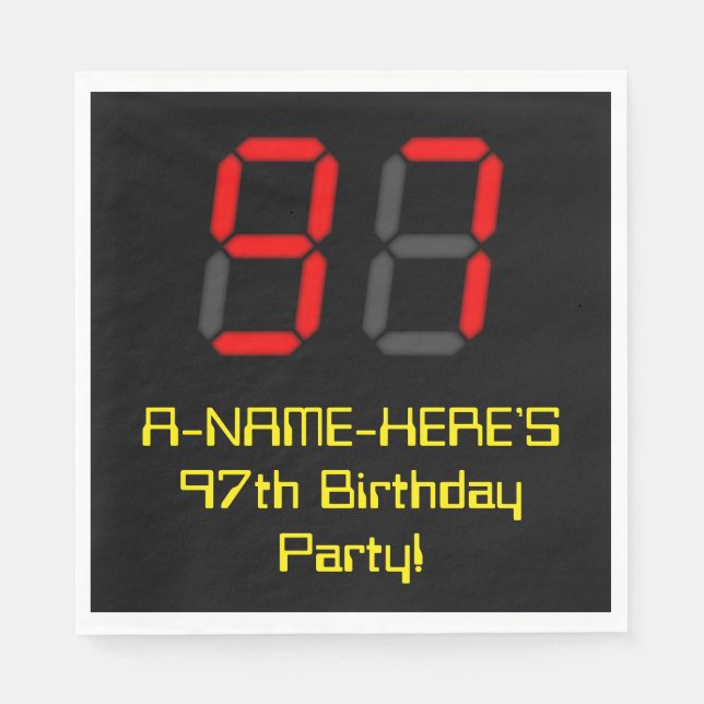 97th Birthday: Red Digital Clock Style "97" + Name Napkin (Front)