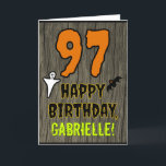97th Birthday: Spooky Halloween Theme, Custom Name Card<br><div class="desc">The front of this spooky and scary Halloween birthday themed greeting card design features a large number "97". It also features the message "HAPPY BIRTHDAY, ", plus a custom name. There are also depictions of a bat and a ghost on the front. The inside features a customized birthday greeting message,...</div>