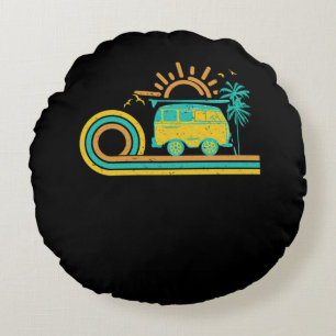 98.Surfing Camperretrosunsetpalm Tree Camper Van C Round Pillow