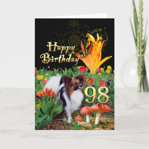 98th Birthday card dog papillon tulips butterfly