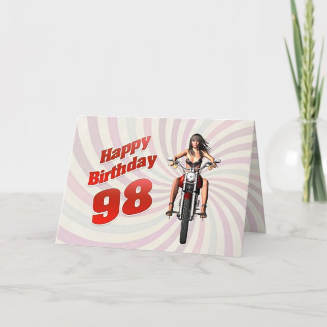 98th Birthday card with a motorbike girl (Front)