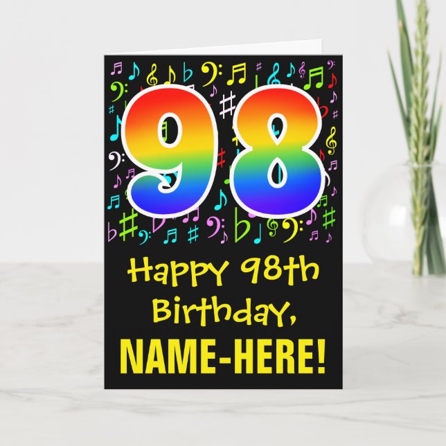 98th Birthday: Colorful Music Symbols + Rainbow 98 Card (Front)