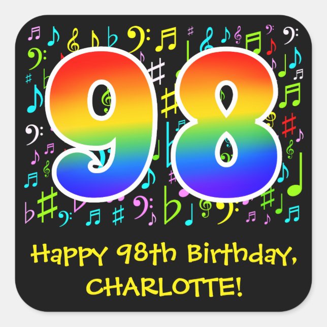 98th Birthday: Colourful Music Symbols, Rainbow 98 Square Sticker (Front)