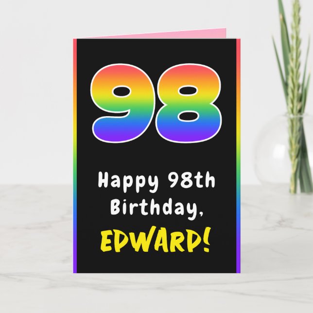 98th Birthday: Colourful Rainbow # 98, Custom Name Card (Front)