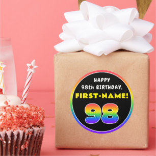 98th Birthday: Colourful Rainbow # 98, Custom Name Classic Round Sticker