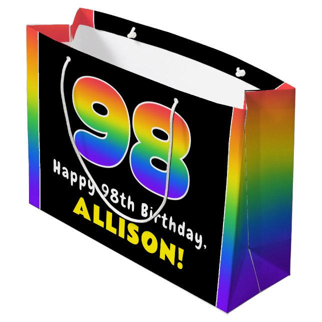 98th Birthday: Colourful Rainbow # 98, Custom Name Large Gift Bag (Back Angled)