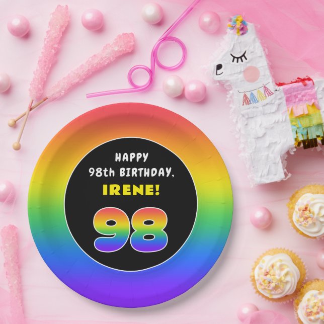98th Birthday: Colourful Rainbow # 98, Custom Name Paper Plate (Party)