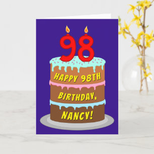 98th Birthday: Fun Cake and Candles + Custom Name Card