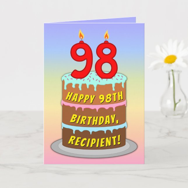 98th Birthday — Fun Cake & Candles, w/ Custom Name Card (Small Plant)