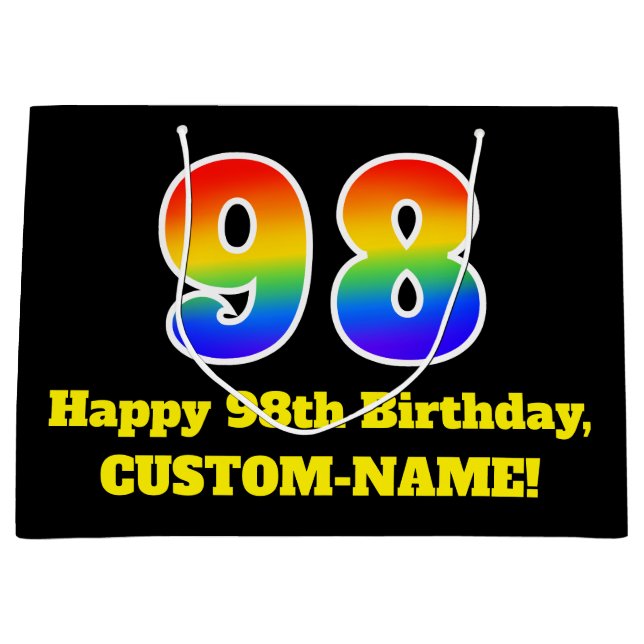 98th Birthday ~ Fun, Colourful, Vibrant, Rainbow 9 Large Gift Bag (Front)