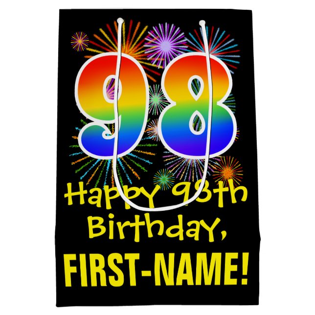 98th Birthday: Fun Fireworks Pattern + Rainbow 98 Medium Gift Bag (Back)