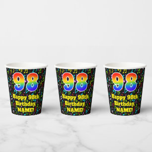 98th Birthday: Fun Music Notes Pattern, Rainbow 98 Paper Cups