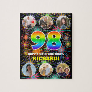 98th Birthday: Fun Rainbow #, Custom Name + Photos Jigsaw Puzzle