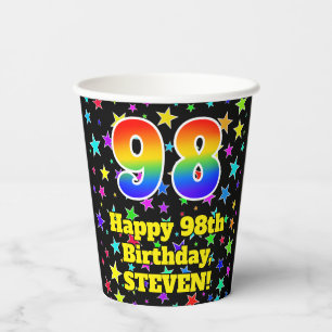 98th Birthday: Fun Stars Pattern and Rainbow 98 Paper Cups