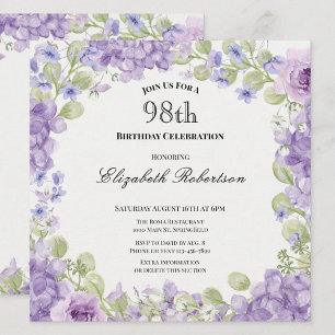 98th Birthday Invitation Elegant Purple Floral