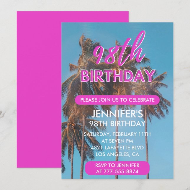 98th birthday invitation Summer Pink Palm tree (Front/Back)
