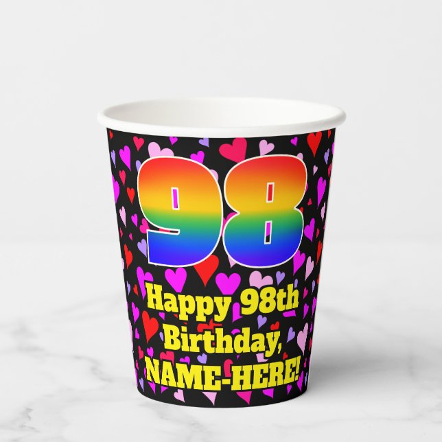 98th Birthday: Loving Hearts Pattern, Rainbow 98 Paper Cups (Back)