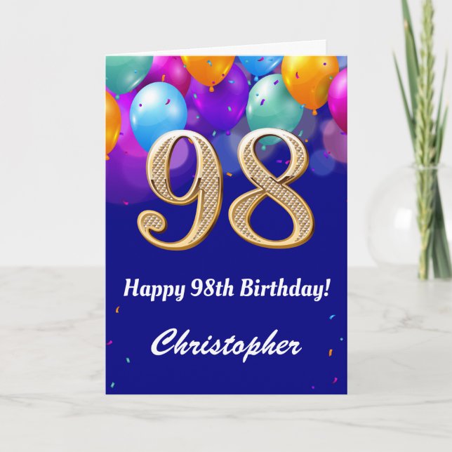 98th Birthday Navy Blue and Gold Colourful Balloon Card (Front)