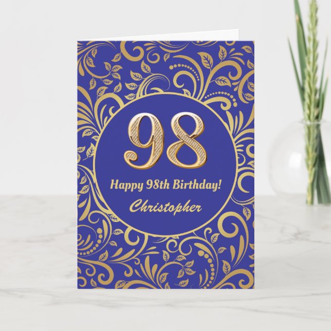 98th Birthday Navy Blue and Gold Floral Pattern Card (Front)