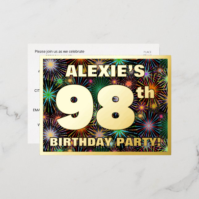 98th Birthday Party: Bold, Colourful Fireworks Loo Foil Invitation Postcard (Front/Back)