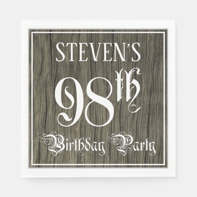 98th Birthday Party — Fancy Script, Faux Wood Look Napkin (Front)