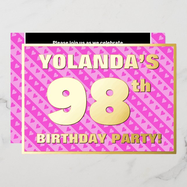 98th Birthday Party — Fun Pink Hearts and Stripes (Front/Back)