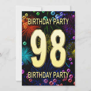 98th Birthday Party Invitation Fireworks Bubbles