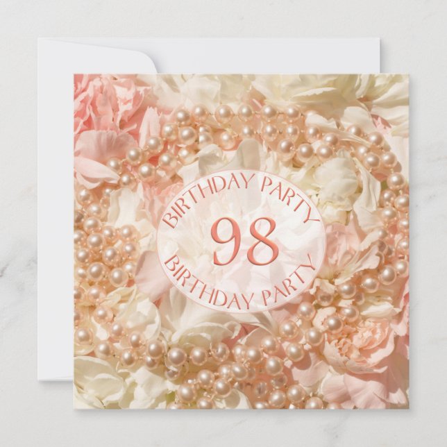 98th Birthday party invitation with pearls (Front)