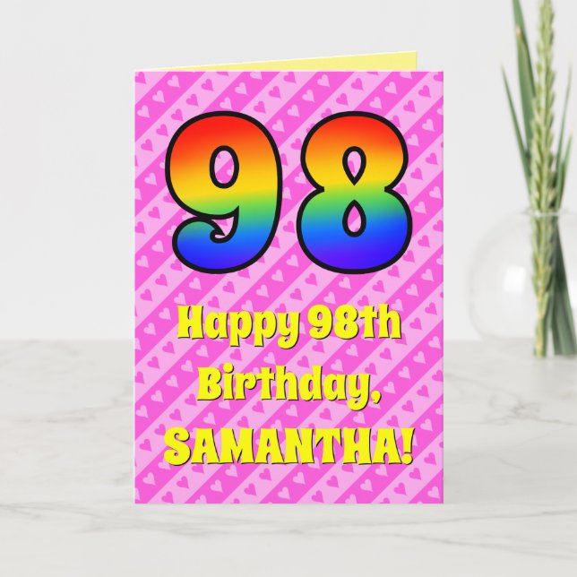 98th Birthday: Pink Stripes & Hearts, Rainbow # 98 Card (Front)