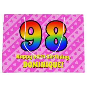 98th Birthday: Pink Stripes & Hearts, Rainbow # 98 Large Gift Bag