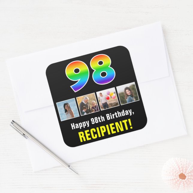 98th Birthday: Rainbow “98”; Custom Photos & Name Square Sticker (Envelope)