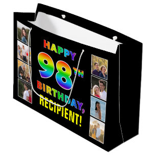 98th Birthday: Rainbow Text, Custom Photos & Name Large Gift Bag